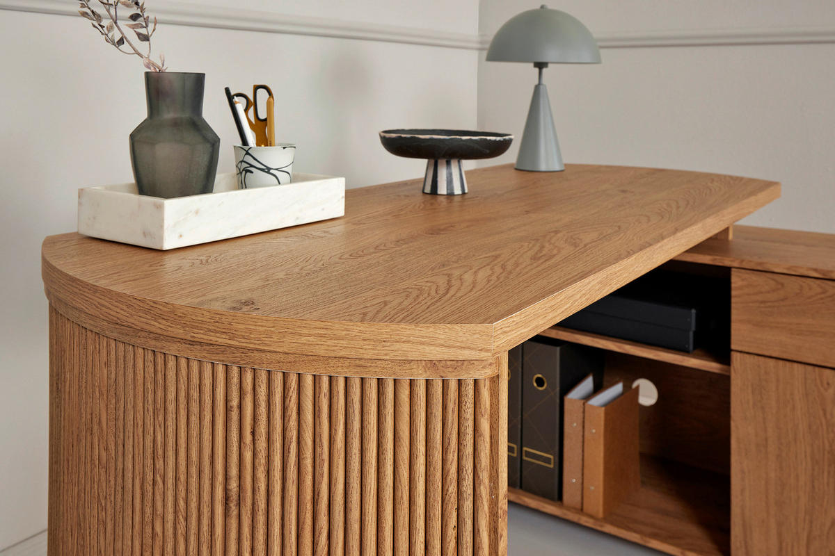 ECKSCHREIBTISCH 150/120/75 cm Eichefarben Kabeldurchlass, Stauraum, seitenverkehrt montierbar  - Eichefarben/Silberfarben, MODERN, Holzwerkstoff/Metall (150/120/75cm)