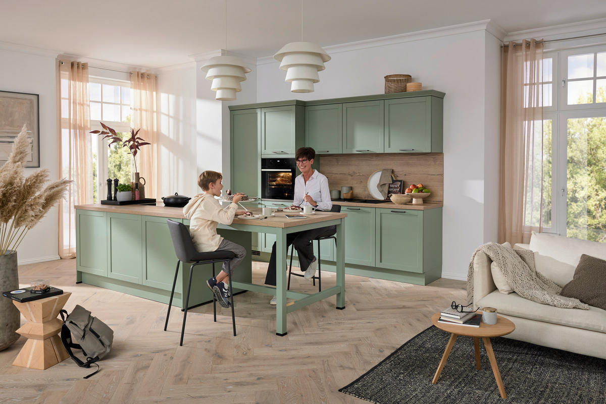 EINBAUKÜCHE   - Eukalyptusholzfarben/Grün, Design, Holzwerkstoff - Novel