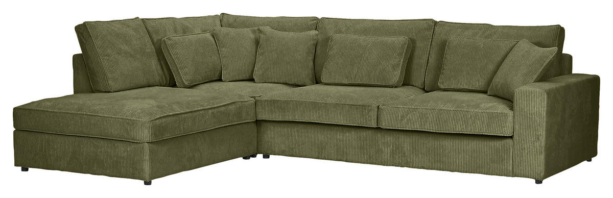 ECKSOFA  in Cord Olivgrün Zierkissen, Rückenkissen, Rücken echt  228/307 cm  - Schwarz/Olivgrün, MODERN, Kunststoff/Textil (228/307cm) - Carryhome