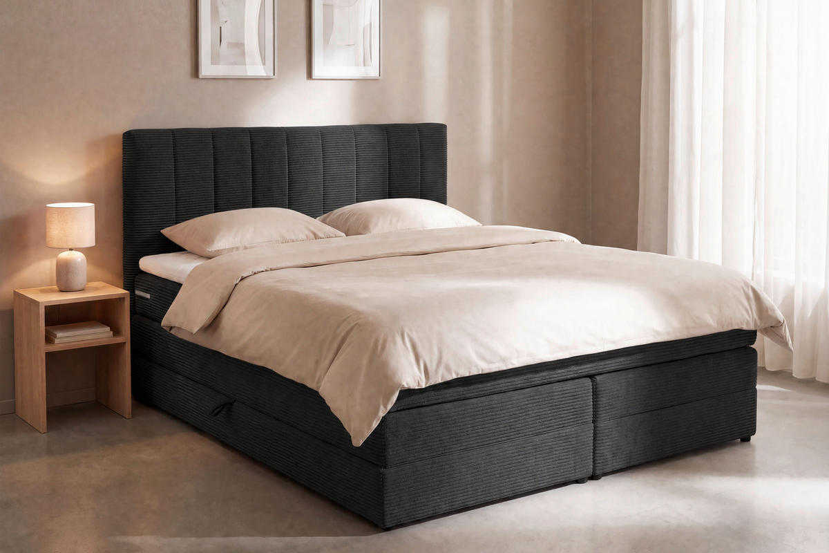 BOXSPRINGBETT 140/200 cm,  in Anthrazit, gepolstertes Kopfteil, Bettkasten, Topper, Matratzen, H2 + H2 = mittel  - Anthrazit/Schwarz, Basics, Kunststoff/Textil (140/200cm) - Boxxx