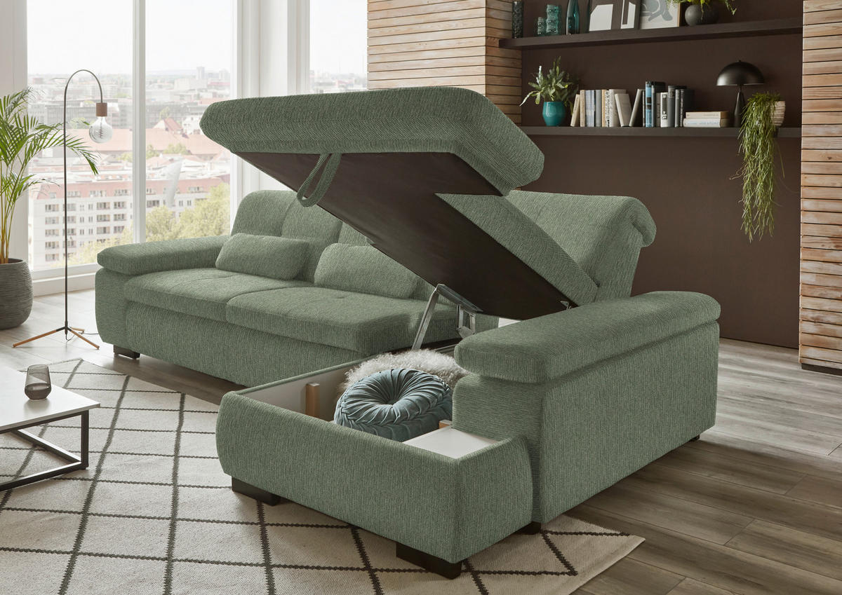 ECKSOFA in Flachgewebe Grün  - Schwarz/Grün, Design, Textil/Metall (297/174cm) - Beldomo Style
