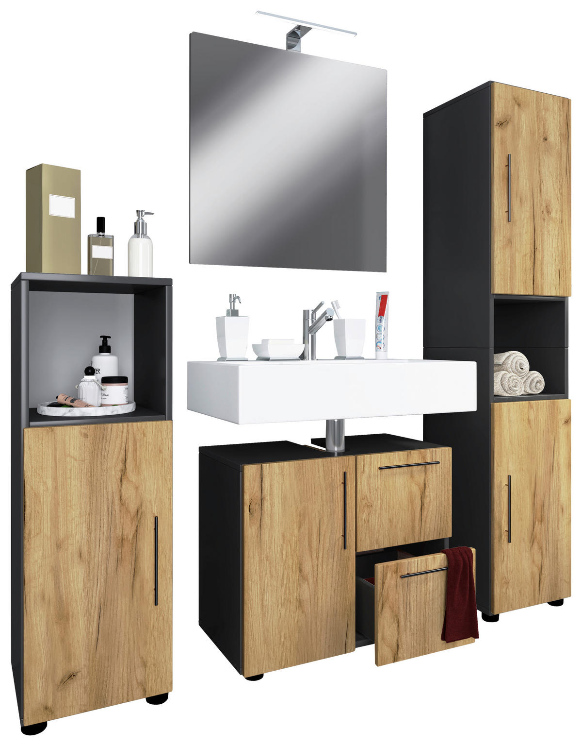 BADEZIMMER 4-teilig  in 123 cm  - Honigeiche/Anthrazit, MODERN, Holzwerkstoff/Kunststoff (123cm) - MID.YOU
