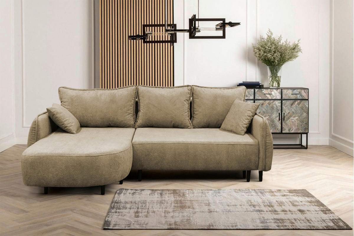 ECKSOFA MURANO Beige Chenille Zierkissen, Rückenkissen, Bettkasten  - Beige/Schwarz, Design, Holz/Textil (167/242cm) - MID.YOU