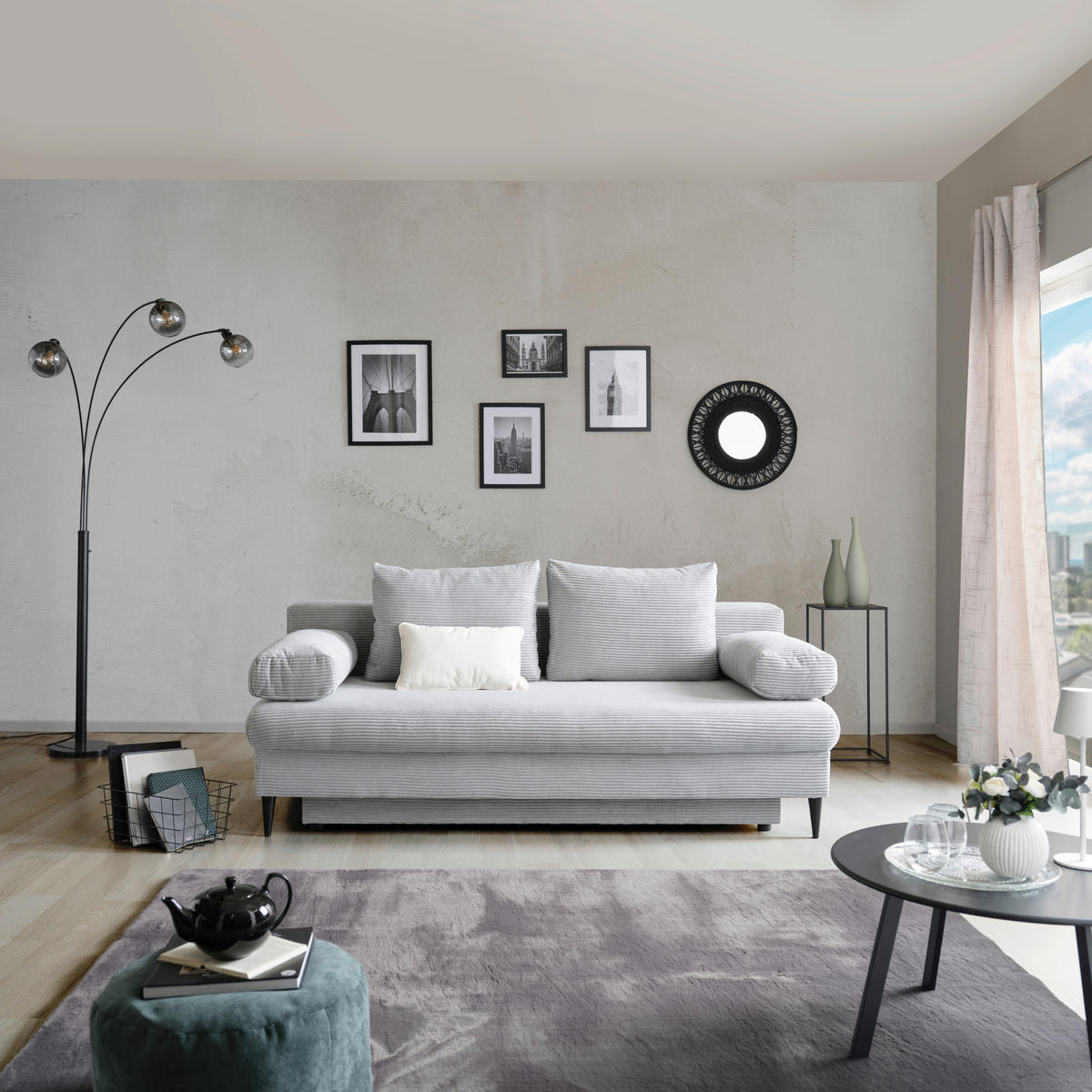 CANAPEA EXTENSIBILĂ lemn, plastic, textil gri  - negru/gri, Modern, plastic/lemn (200/95/95cm)