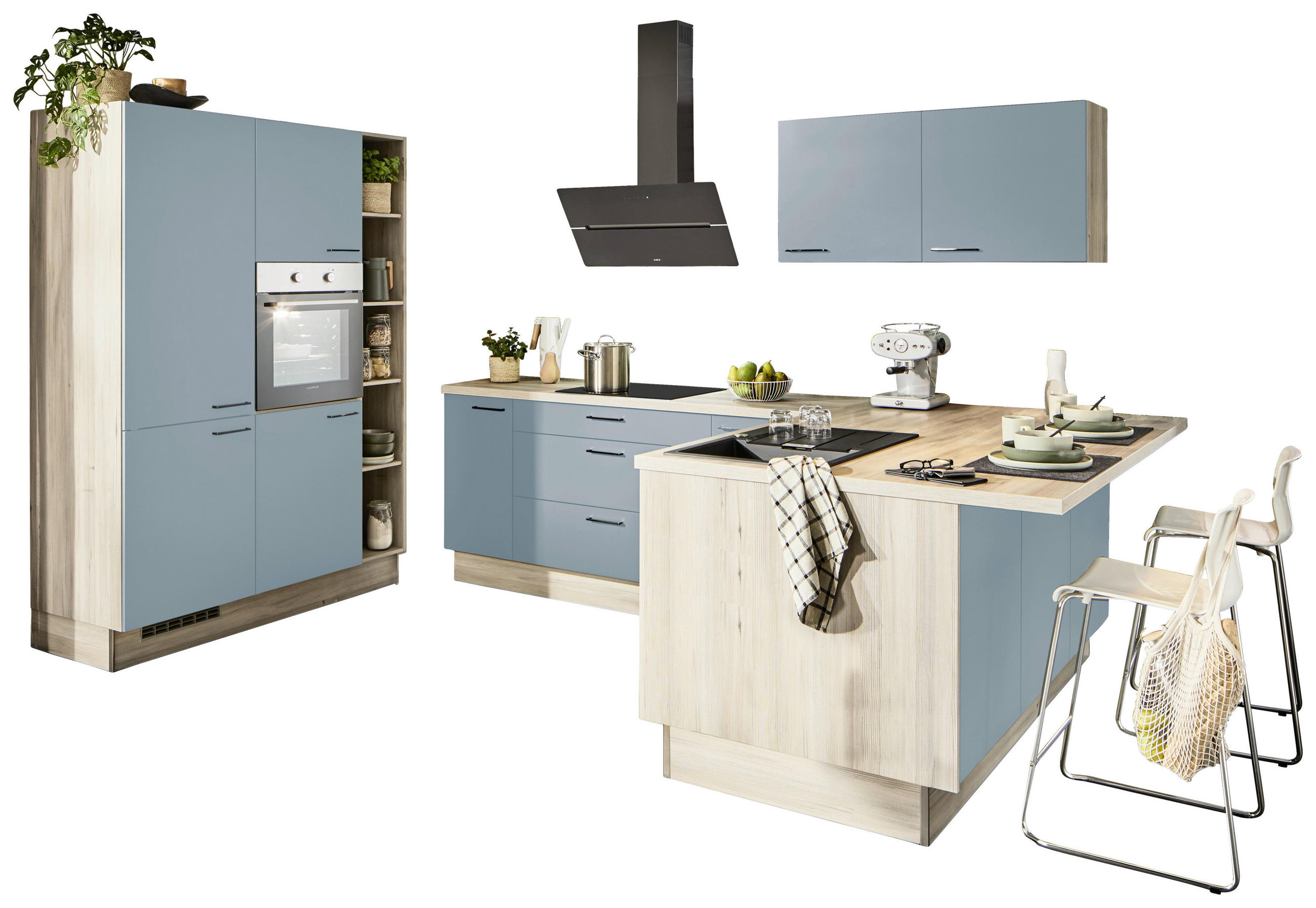 ECKKÜCHE  in Pastellblau, Tannenholzfarben  - Pastellblau/Tannenholzfarben, Design, Holzwerkstoff/Metall (150/280/121,6cm) - Xora