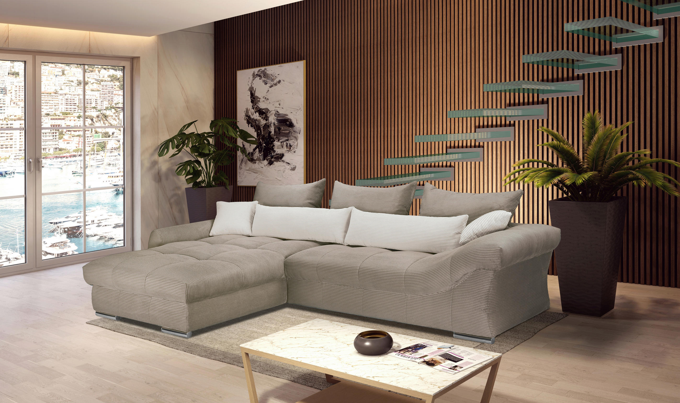 ECKSOFA Naturfarben, Taupe Cord  - Taupe/Chromfarben, KONVENTIONELL, Textil/Metall (225/335cm) - Carryhome