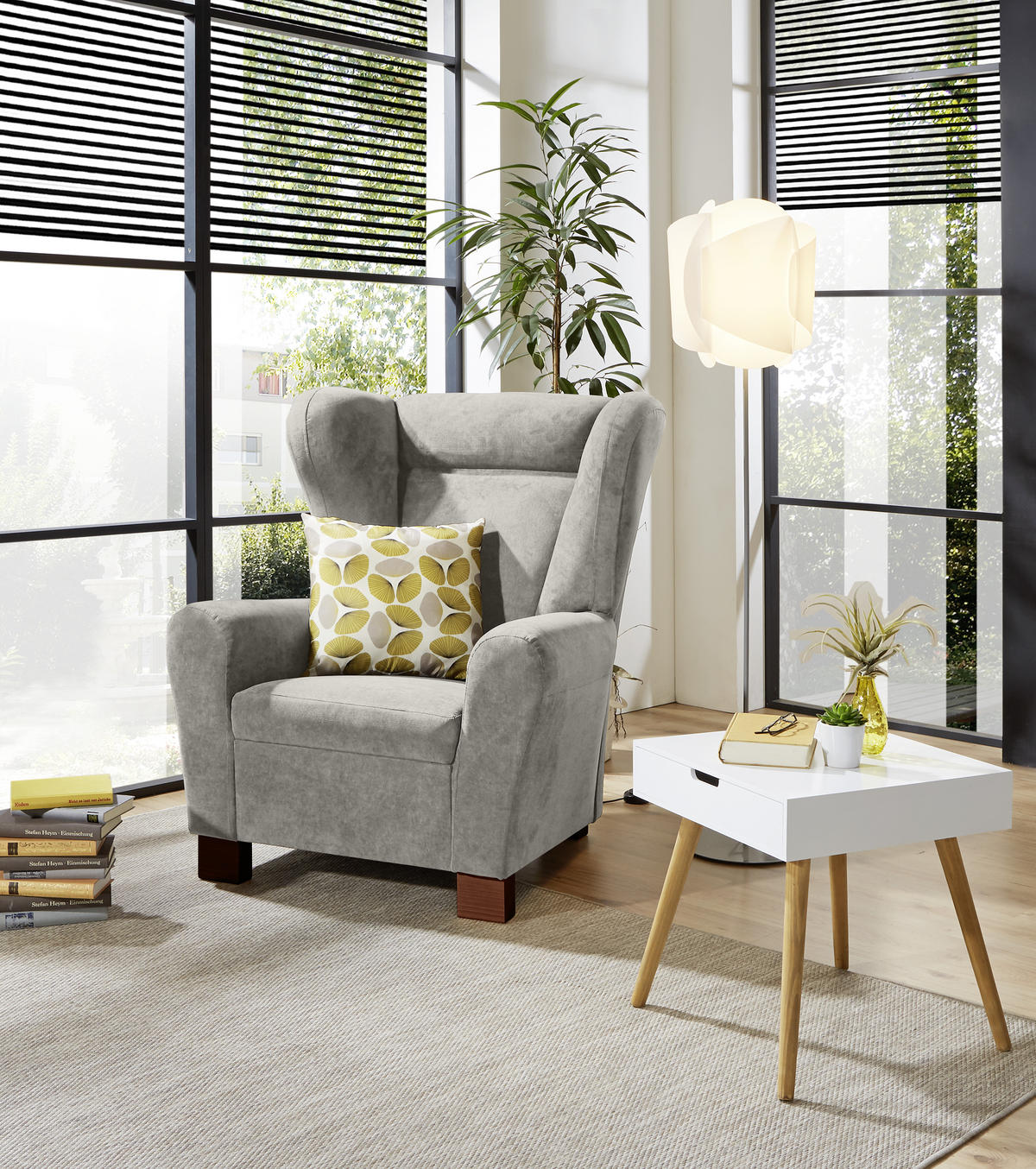 OHRENSESSEL in Flachgewebe Hellgrau  - Hellgrau/Braun, Design, Holz/Textil (95/109/97cm) - Livetastic