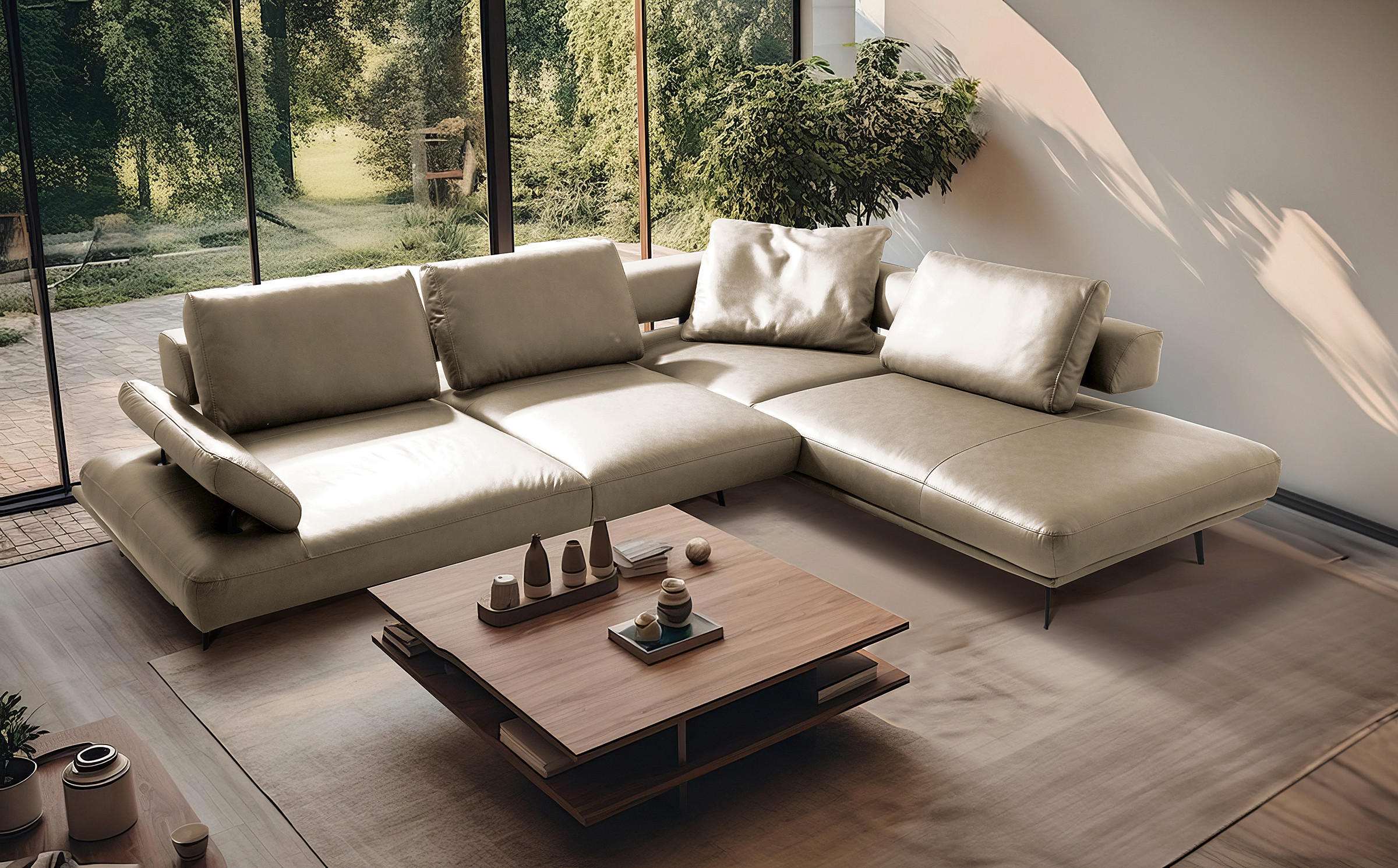 ECKSOFA Creme Echtleder  - Creme/Schwarz, Design, Leder/Metall (306/237cm) - Livetastic