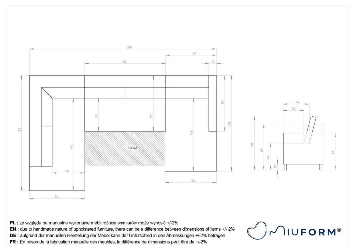 SEDEŽNA GARNITURA, struktura sivobela  - črna/sivobela, tekstil/les (198/298/148cm) - MID.YOU