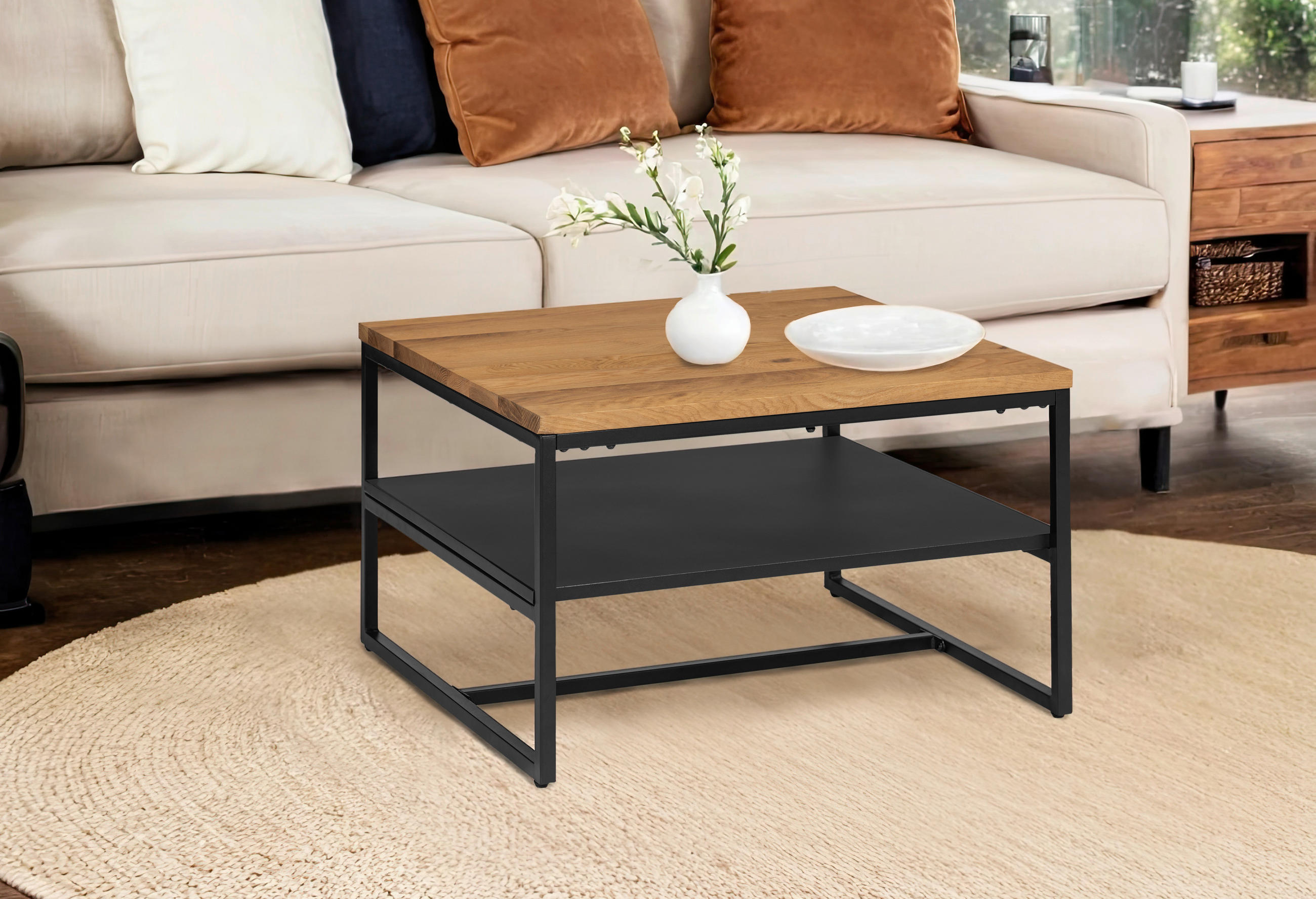 COUCHTISCH Eiche massiv 70/70/45,5 cm quadratisch Naturfarben, Schwarz  - Schwarz/Naturfarben, Design, Holz/Metall (70/70/45,5cm) - MID.YOU