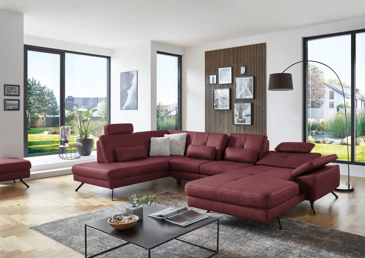 WOHNLANDSCHAFT in Lederlook, Mikrofaser Bordeaux  - Bordeaux/Schwarz, Design, Textil/Metall (220/345/179cm) - Beldomo System