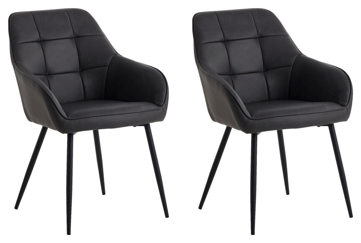 ARMLEHNSTUHL-SET 2 Stück gepolsterte Armlehnen Lederlook  - Dunkelgrau/Schwarz, MODERN, Textil/Metall (58/84/59,5cm) - Livetastic