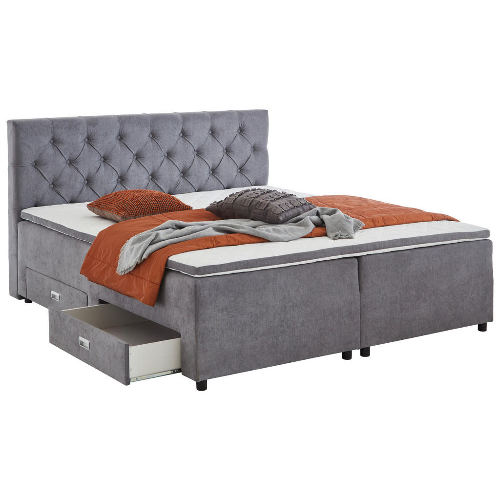 Thumbnail - Mid.you Boxbett, Grau, Textil, H2 + H3, 7-Zonen, Höhe ca. 40 cm, 180x200 cm, gepolstertes Kopfteil, Topper durchgehend, ...