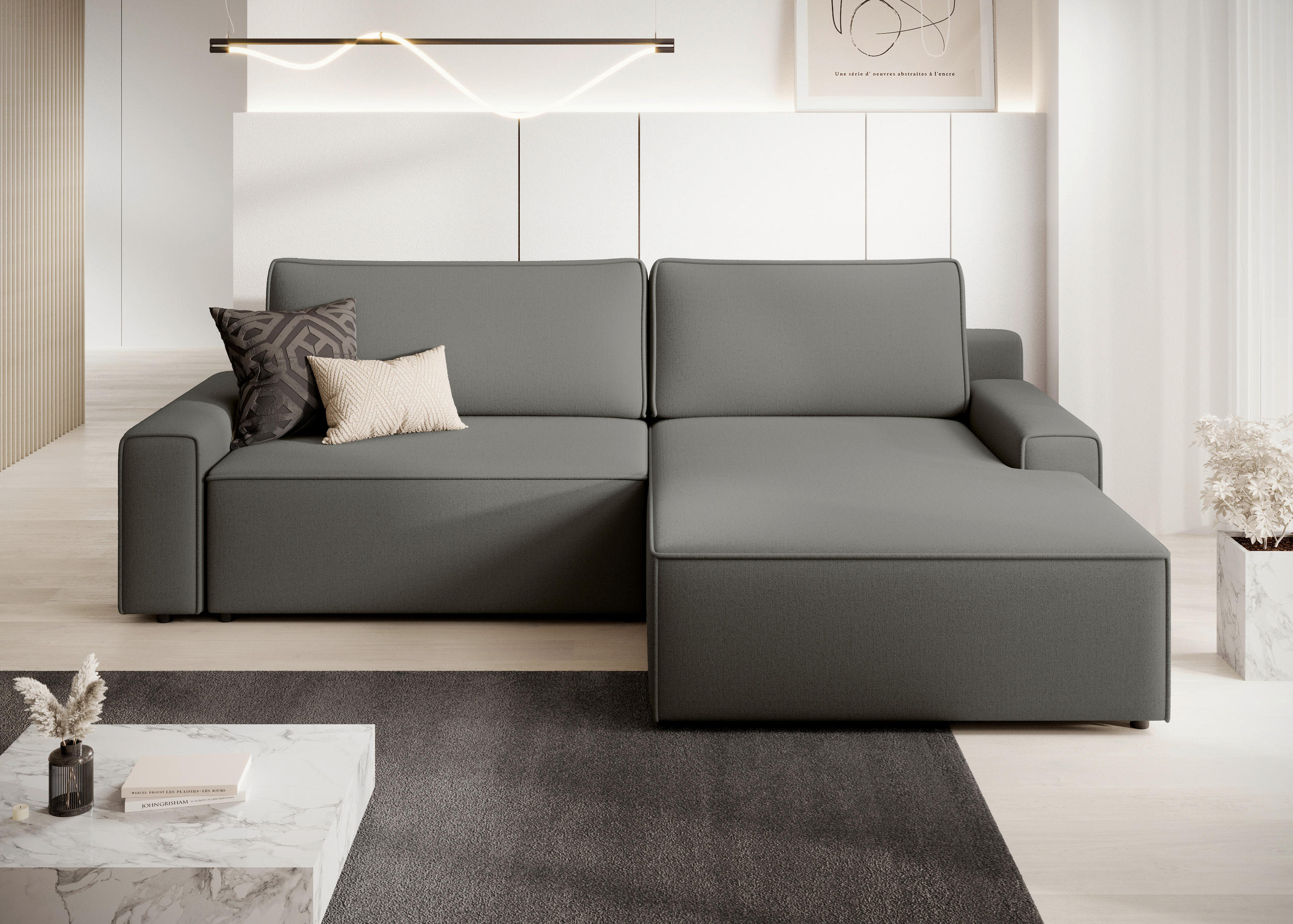 ECKSCHLAFSOFA CHALLANGE  mit Schlafen auf Sitzhöhe, Rücken echt, Armteil links, Armteil rechts Struktur Greige  - Greige/Schwarz, MODERN, Kunststoff/Textil (246/168cm) - Trendmanufaktur