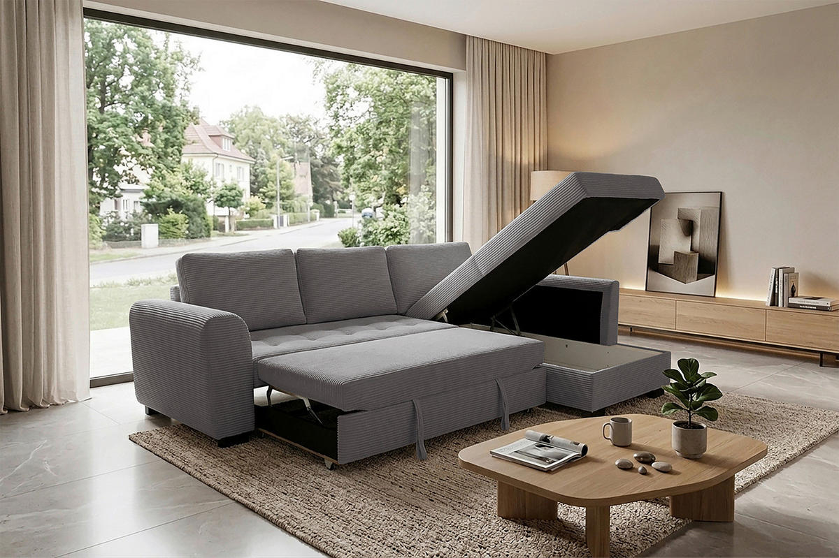 ECKSOFA JOHN Grau Cord Rückenkissen, Bettkasten, Liegefläche im Originalstoff  - Schwarz/Grau, Trend, Kunststoff/Textil (239/178cm) - P & B