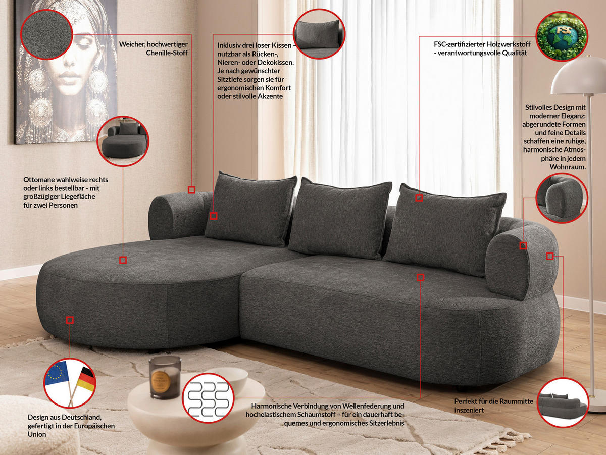 ECKSOFA in Chenille Anthrazit  - Anthrazit/Schwarz, Design, Kunststoff/Textil (156/256cm) - Livetastic