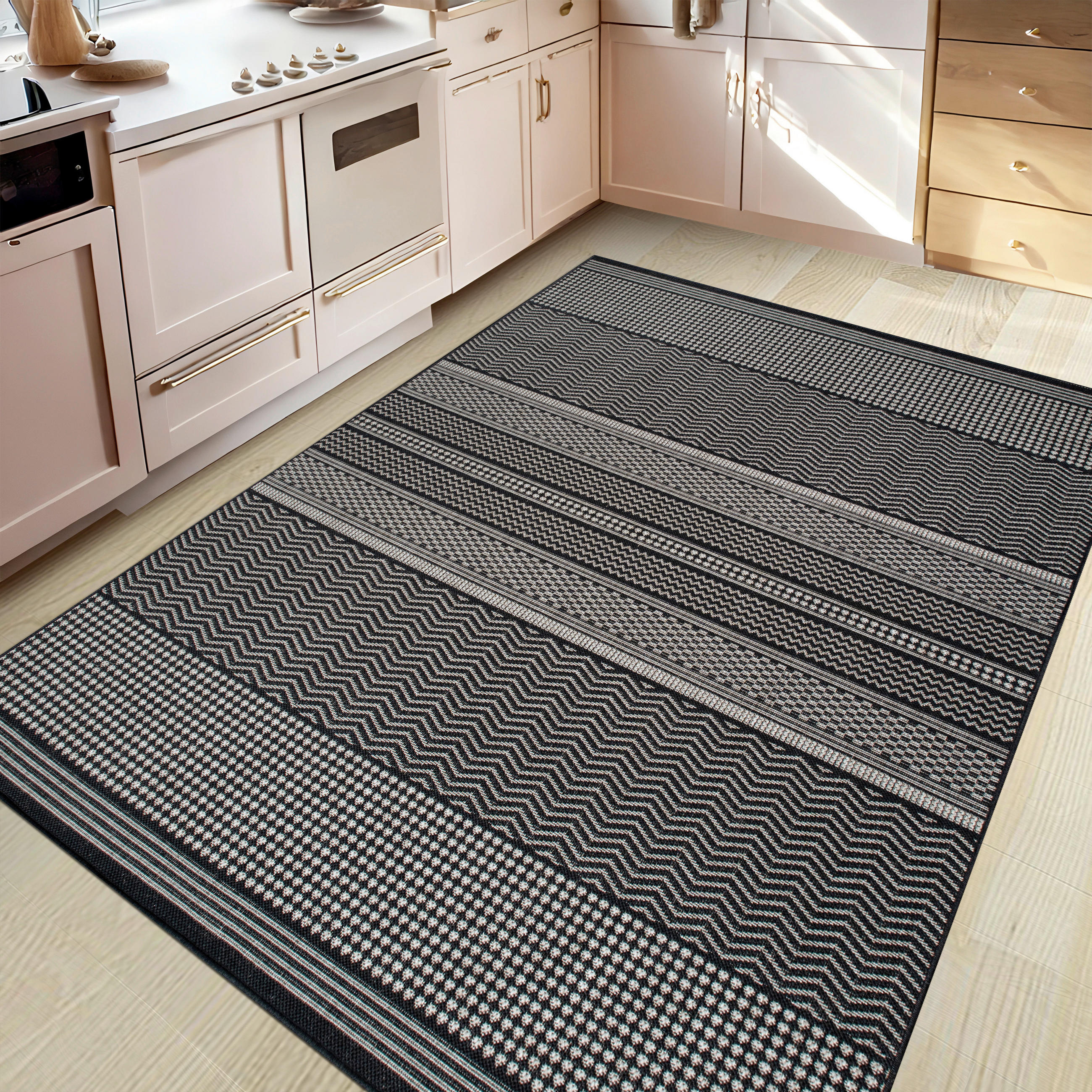 Thumbnail - Novel Outdoorteppich, Grau, Schwarz, Kunststoff, Boho, rechteckig, 80x150 cm, Oeko-Tex® Standard 100, Oeko-Tex® Made IN ...