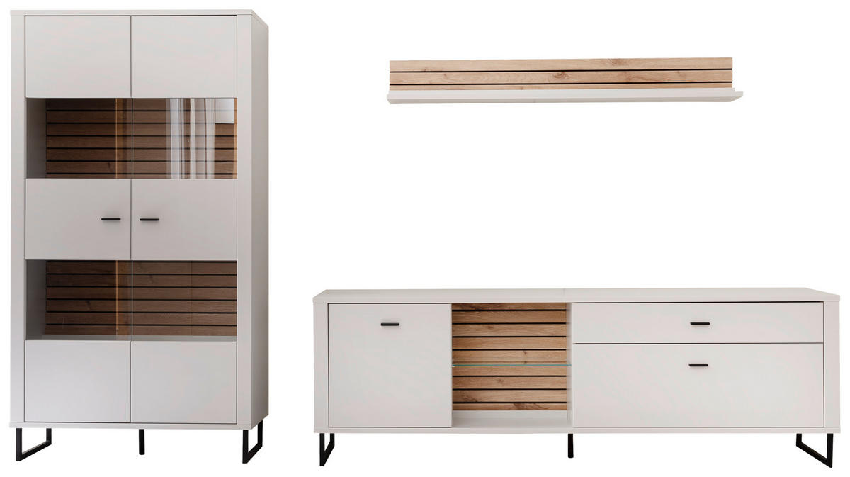 WOHNWAND  in Weiss, Eichefarben 326/185/44 cm  - Weiss/Eichefarben, Design, Glas/Holzwerkstoff (326/185/44cm) - Stylife