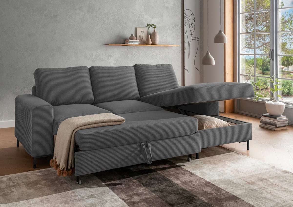 ECKSCHLAFSOFA  mit Liegefunktion, Rücken echt Cord Grau  - Schwarz/Grau, KONVENTIONELL, Textil/Metall (237/143cm) - Livetastic