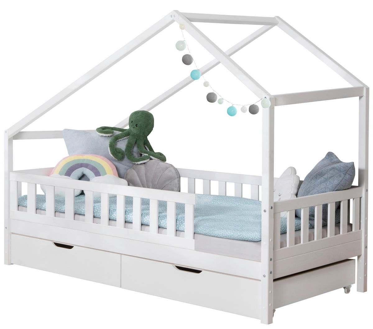 HAUSBETT 90/200 cm,  in Weiß, Absturzsicherung, Rollrost, Bettschublade  - Naturfarben/Weiß, MODERN, Holz (90/200cm) - MID.YOU