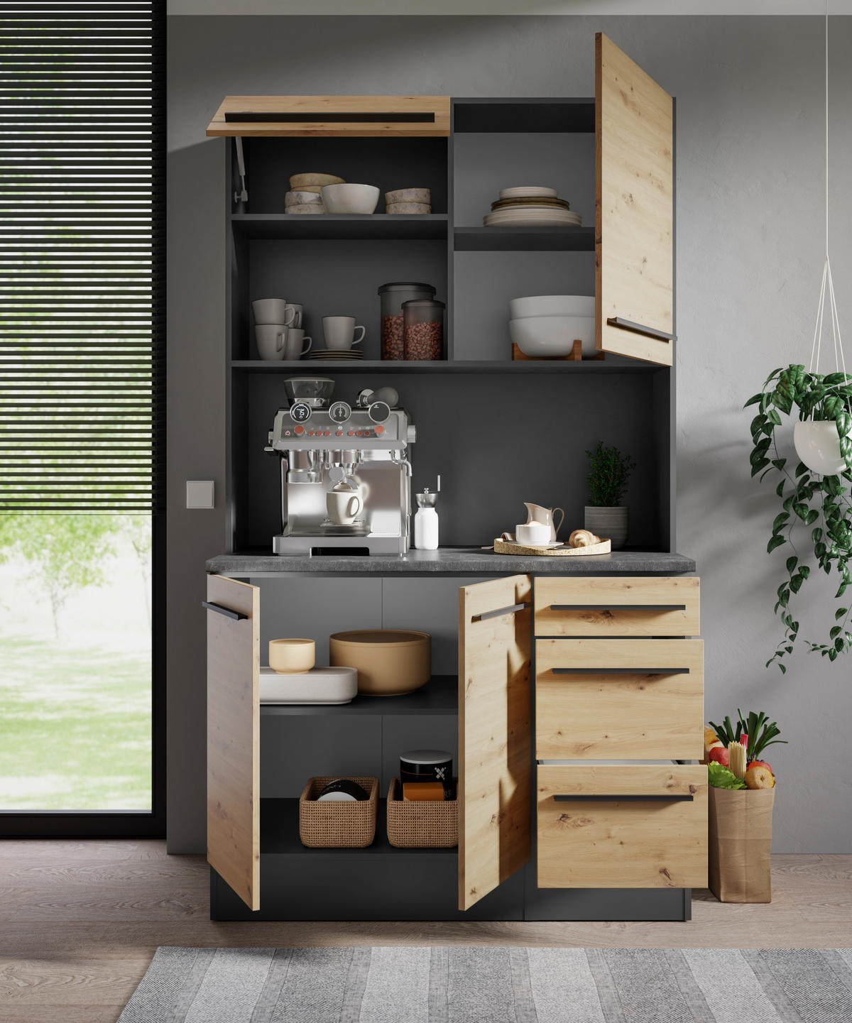 Bufet in antracit, stejar Artisan - alb/stejar Artisan, Lifestyle, plastic/material pe bază de lemn (120/211/60cm) - MID.YOU