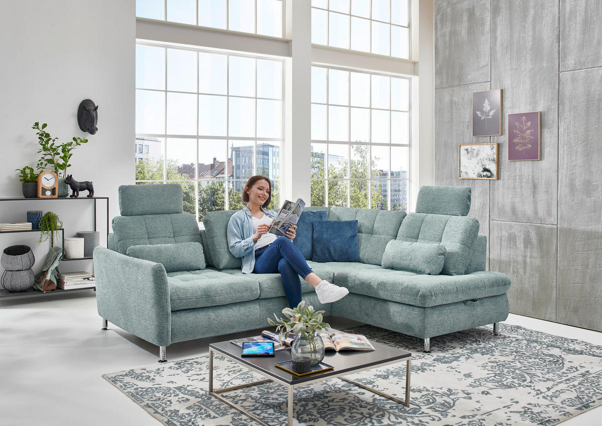 ECKSOFA in Webstoff Türkis  - Türkis/Chromfarben, Konventionell, Textil/Metall (242/210cm) - Beldomo Style