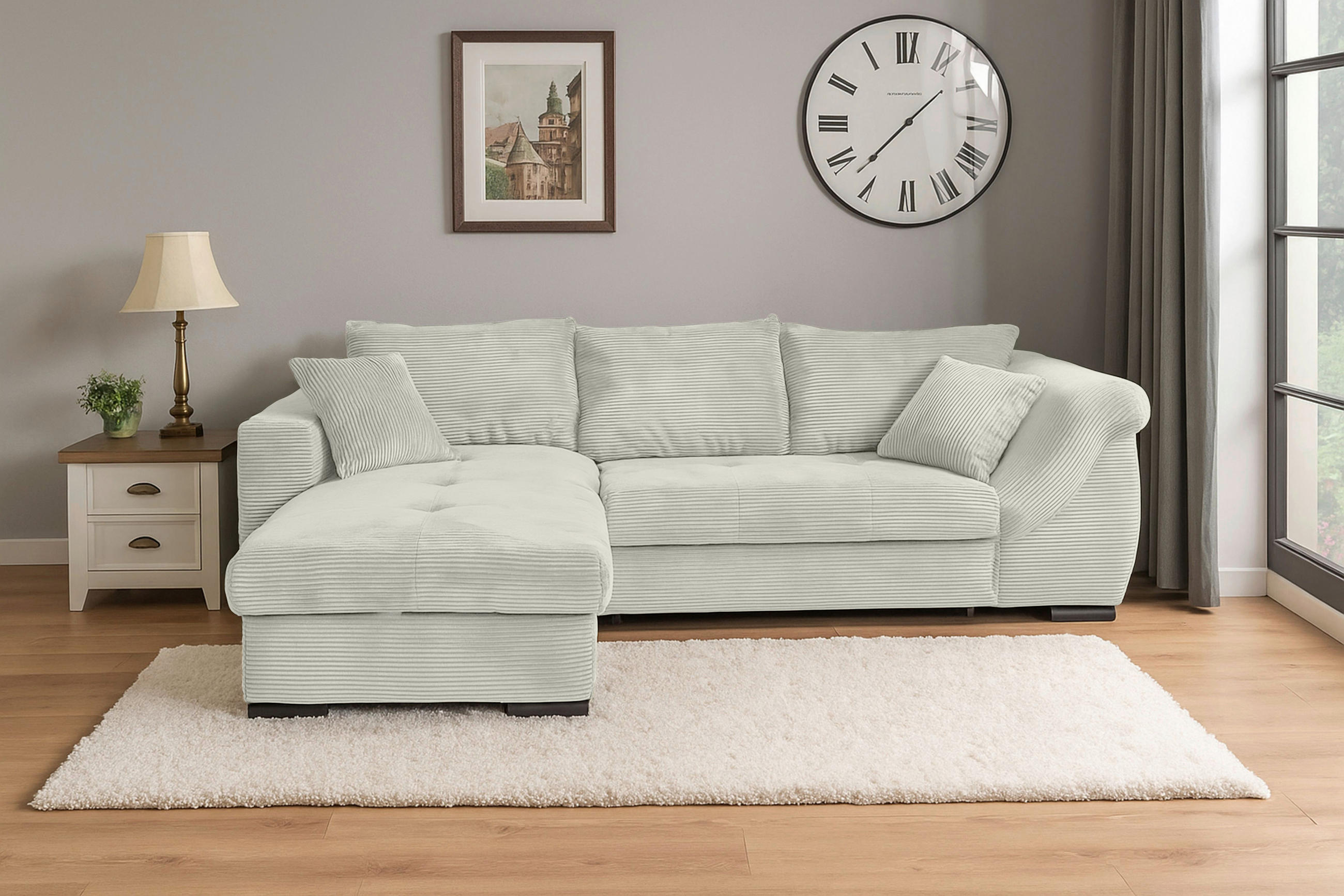 Thumbnail - Carryhome Ecksofa, Creme, Textil, 4-Sitzer, Füllung: Schaumstoff, Ottomane links, L-Form, 258x168 cm, Liegefunktion, sei...