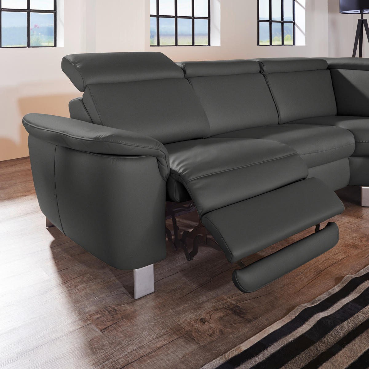 ECKSOFA in Echtleder Anthrazit  271/239 cm  - Anthrazit/Alufarben, Design, Leder/Metall (271/239cm) - Cantus