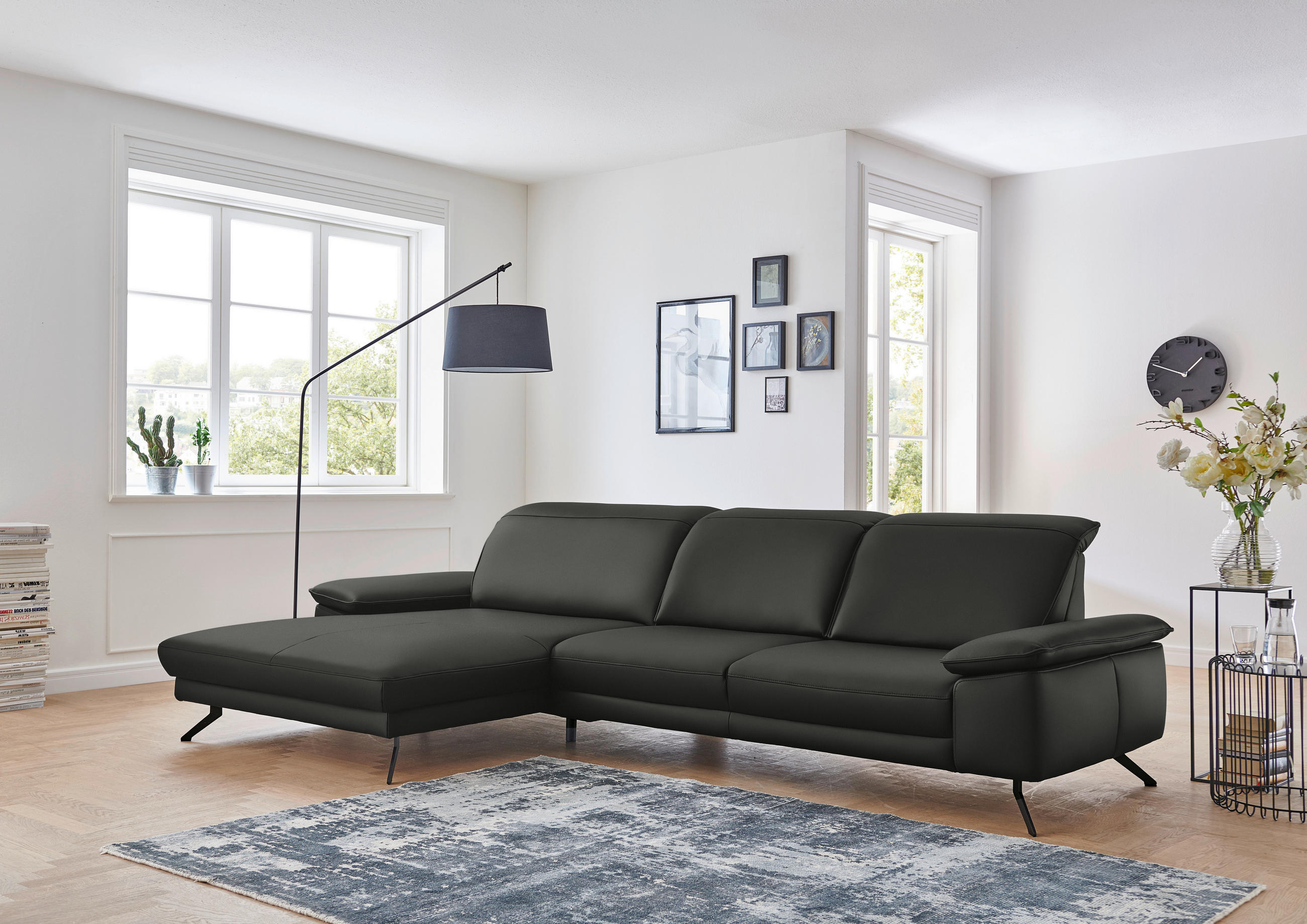 ECKSOFA in Echtleder Graubraun  - Graubraun/Schwarz, Design, Leder/Metall (193/328cm) - Dieter Knoll