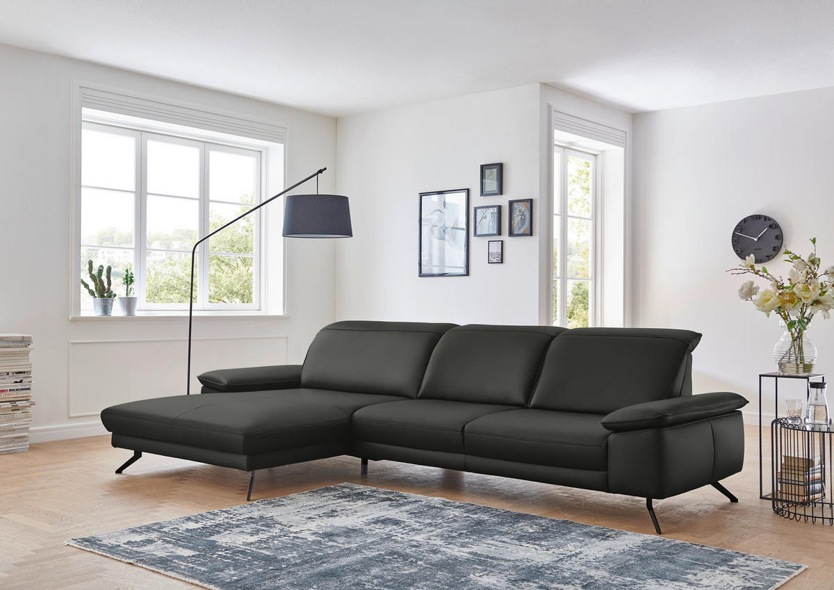 ECKSOFA in Echtleder Graubraun  - Graubraun/Schwarz, Design, Leder/Metall (193/328cm) - Dieter Knoll