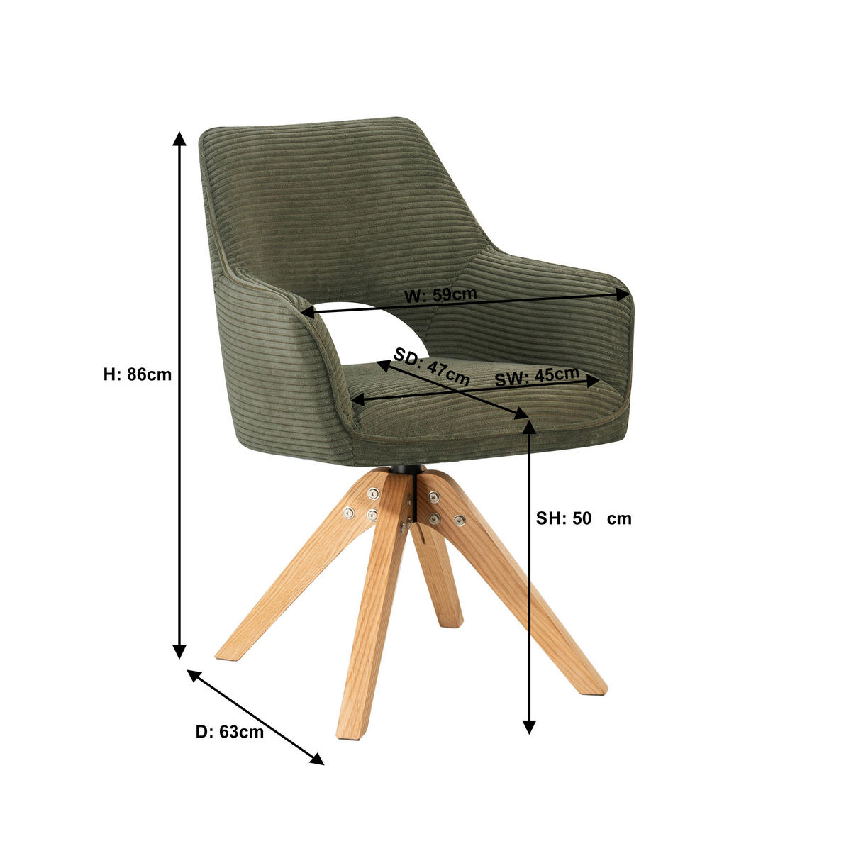 ARMLEHNSTUHL  Sitzfläche 360° drehbar, inklusive Armlehnen Cord  - Eichefarben/Grün, Design, Holz/Textil (60/85/63cm) - Hom`in