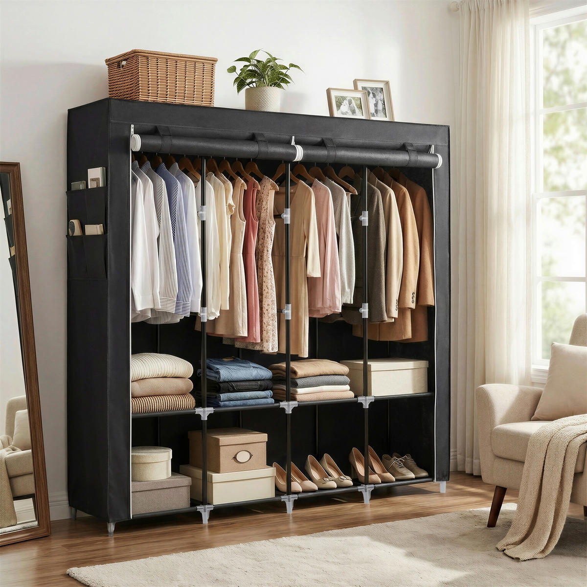 STOFFSCHRANK Schwarz  - Schwarz, Basics, Textil/Metall (170/167/45cm) - Boxxx