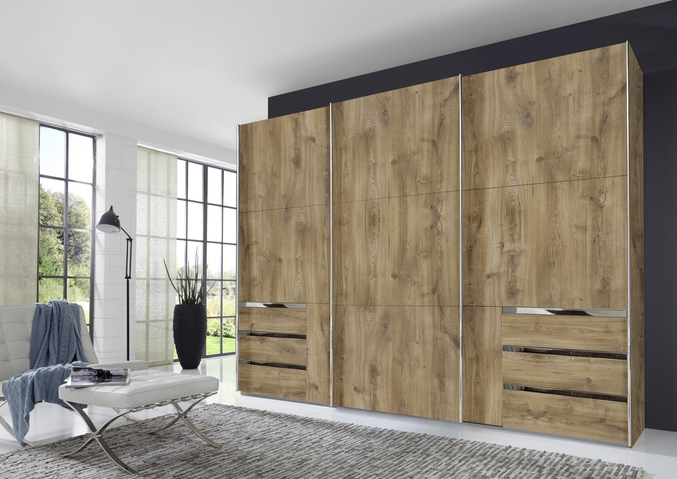 SCHWEBETÜRENSCHRANK in Eichefarben  - Chromfarben/Eichefarben, Modern, Holzwerkstoff/Metall (300/216/65cm) - MID.YOU