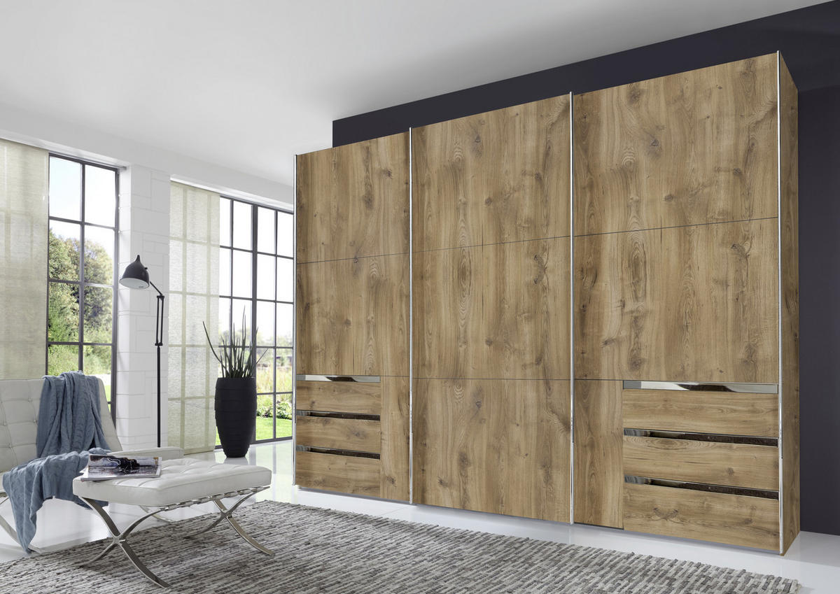 SCHWEBETÜRENSCHRANK 300/216/65 cm 3-türig Eichefarben  - Chromfarben/Eichefarben, MODERN, Holzwerkstoff/Metall (300/216/65cm) - MID.YOU