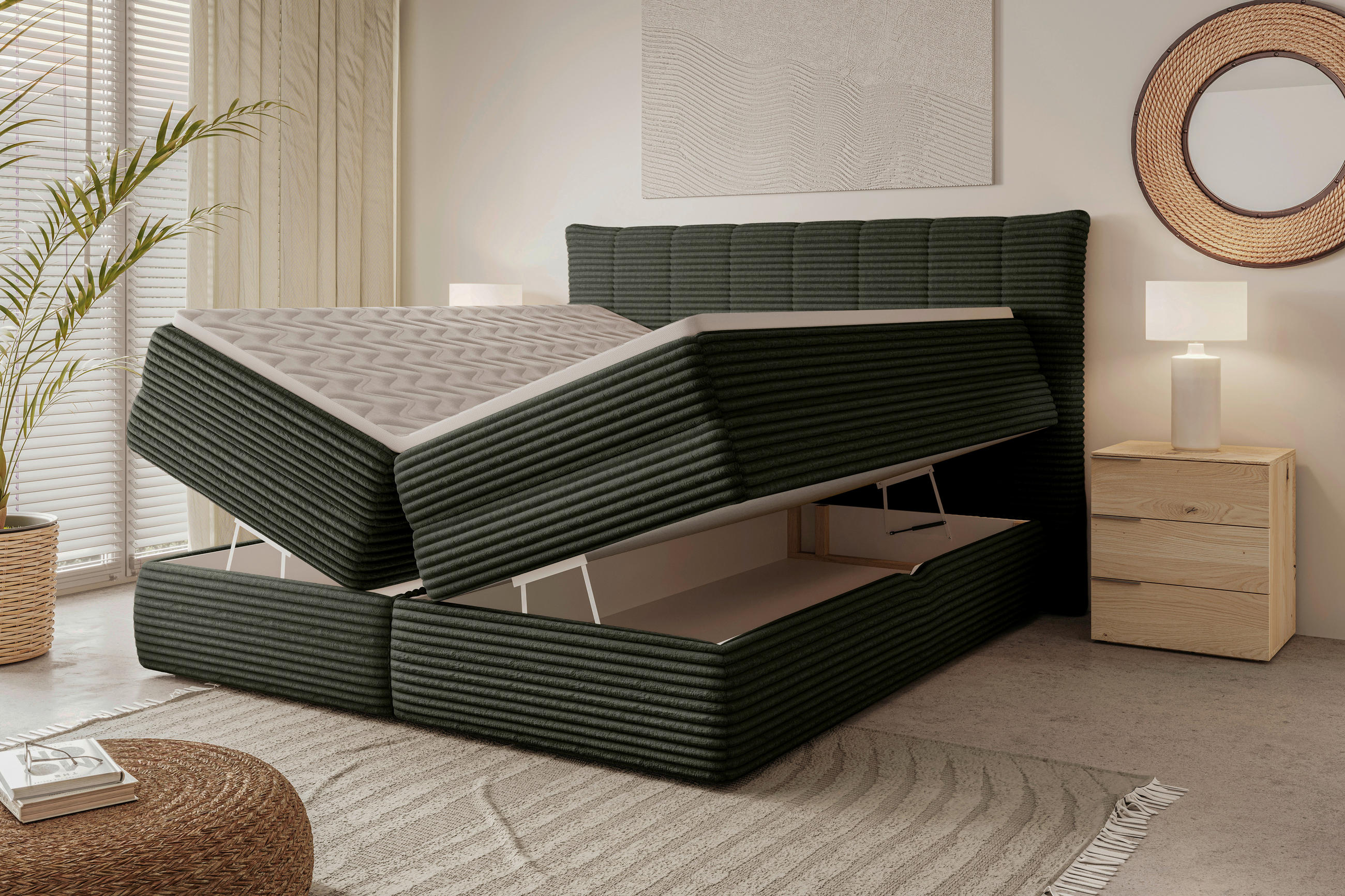 BOXSPRINGBETT 180/200 cm,  in Dunkelgrün, gepolstertes Kopfteil, Bettkasten, Topper, Matratzen, H3 + H3 = fest  - Dunkelgrün/Schwarz, Design, Kunststoff/Textil (180/200cm) - Chameo