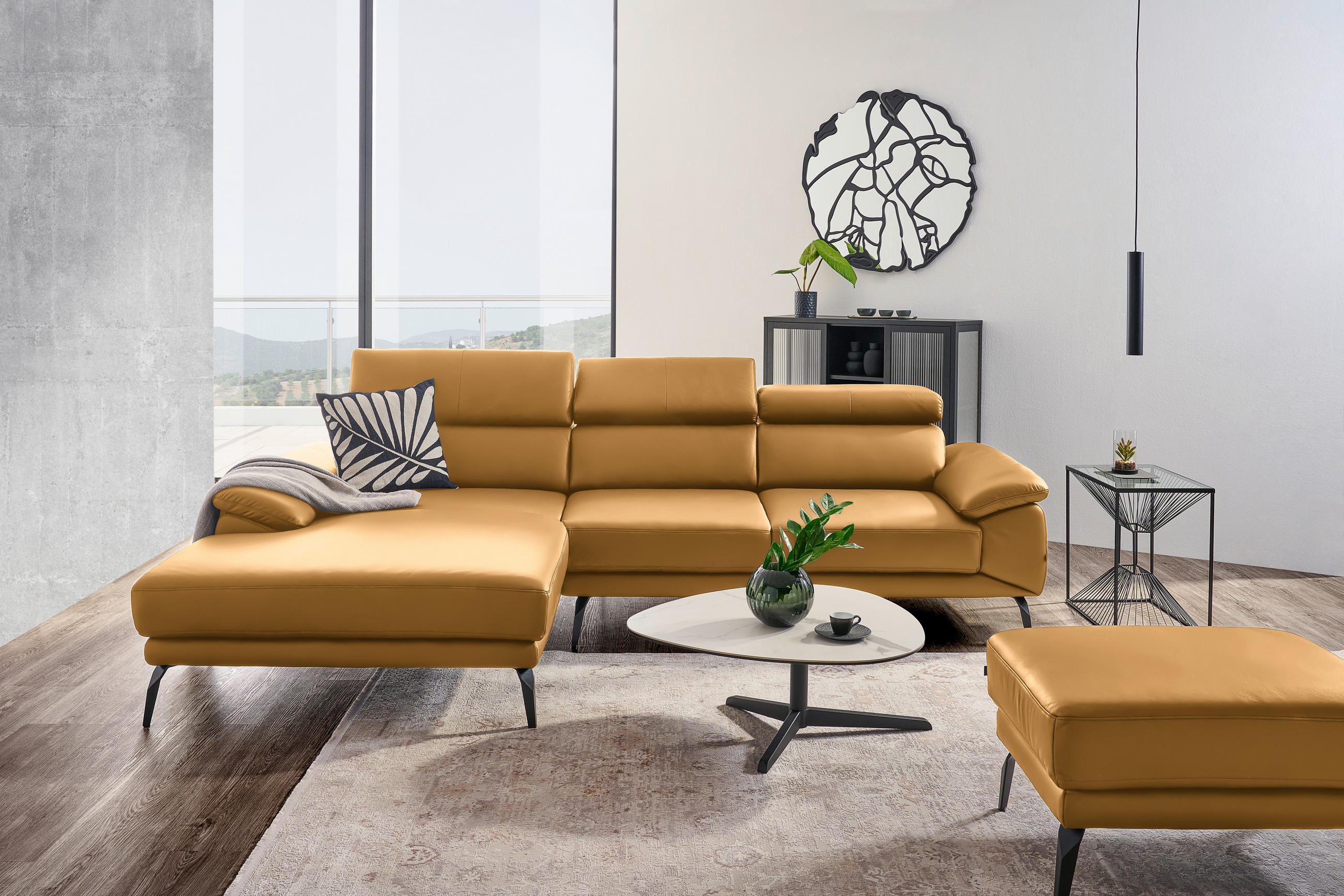 ECKSOFA in Echtleder Senfgelb  - Senfgelb/Schwarz, Design, Leder/Metall (187/295cm) - Novel