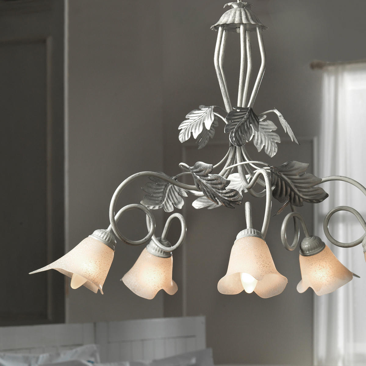 KRONLEUCHTER 90/130 cm   - Silberfarben/Weiß, KONVENTIONELL, Glas/Metall (90/130cm)