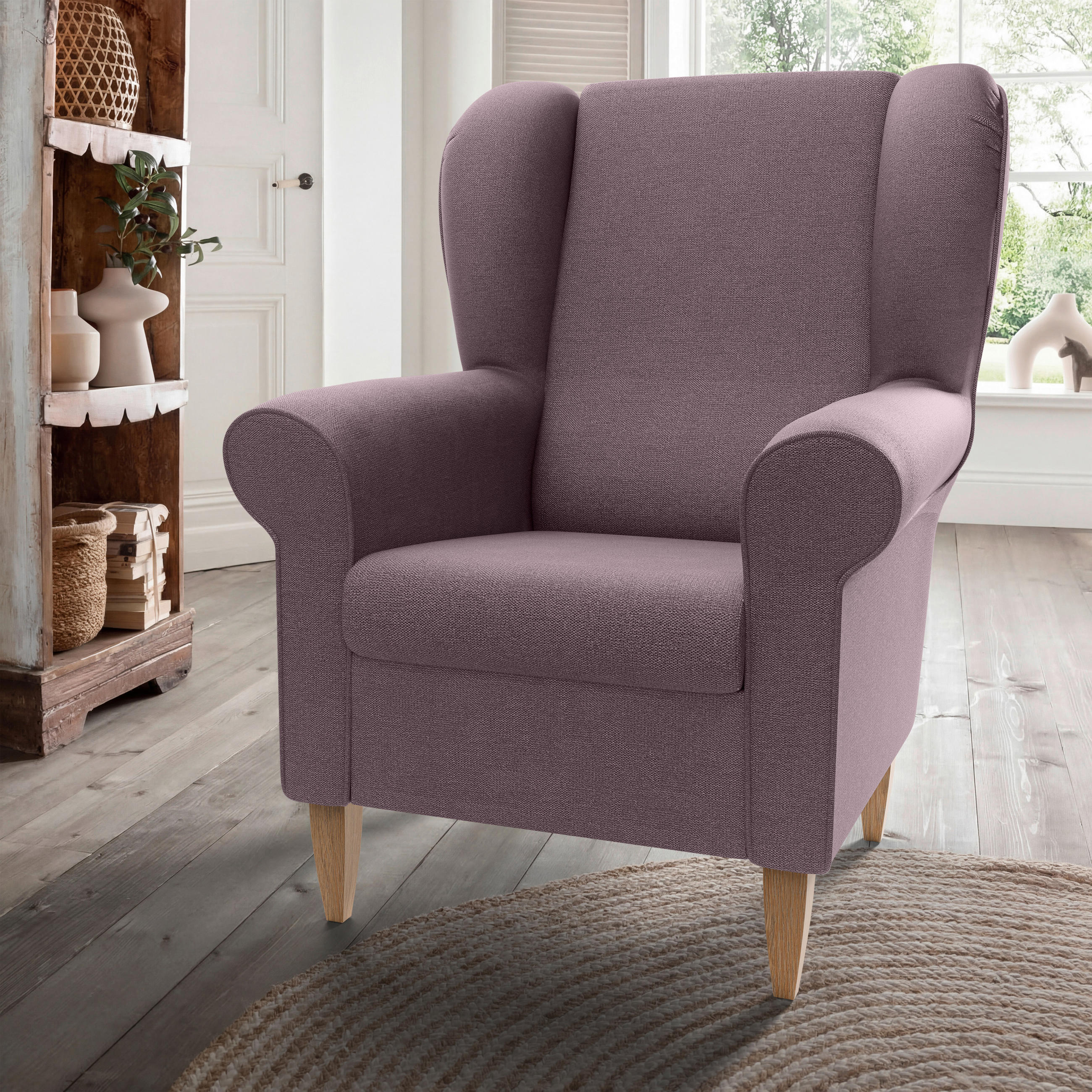 OHRENSESSEL Struktur Bordeaux  - Bordeaux/Naturfarben, Konventionell, Holz/Textil (80/102/86cm) - Livetastic