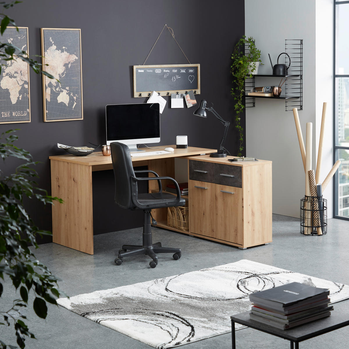 KOTNA PISALNA MIZA leseni material temno siva, hrast artisan  - srebrne barve/temno siva, Moderno, umetna masa/leseni material (138/76,1/135,4cm) - Carryhome