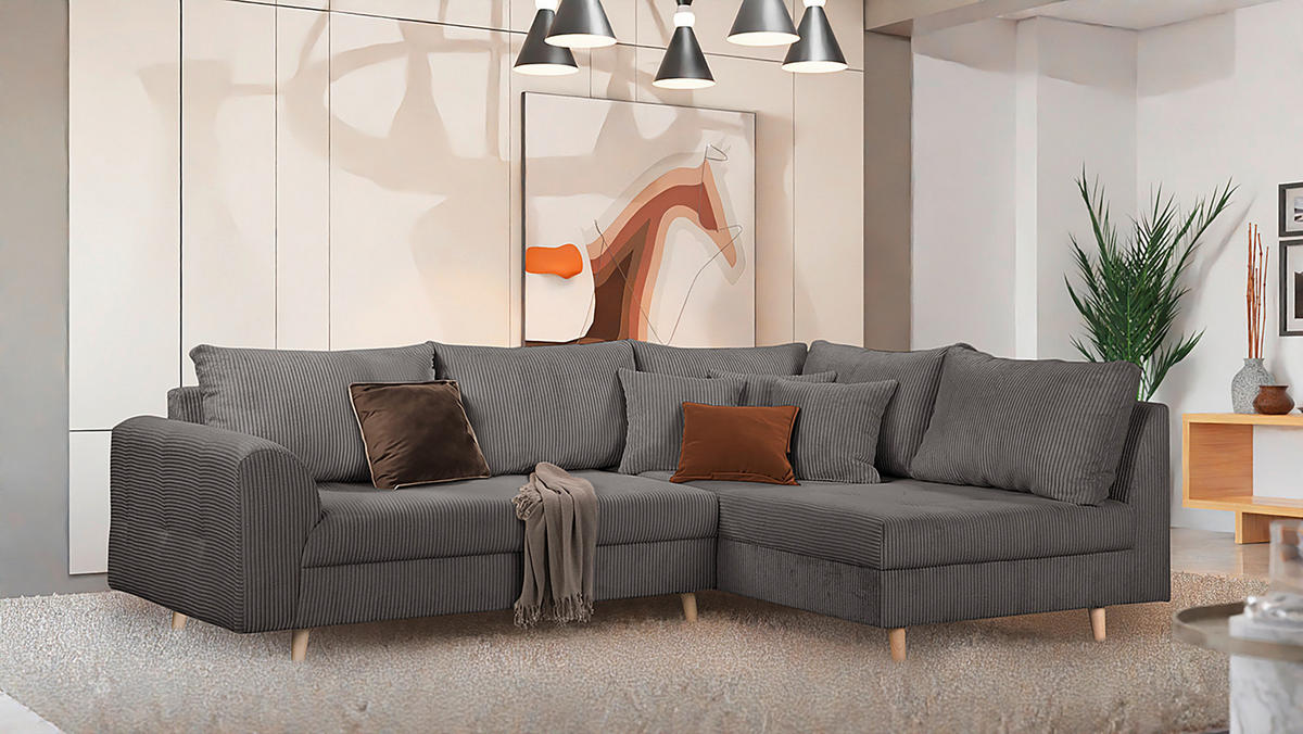 ECKSOFA Ariella in Cord Dunkelgrau  231/161 cm  - Dunkelgrau/Naturfarben, Design, Holz/Textil (231/161cm) - Livetastic