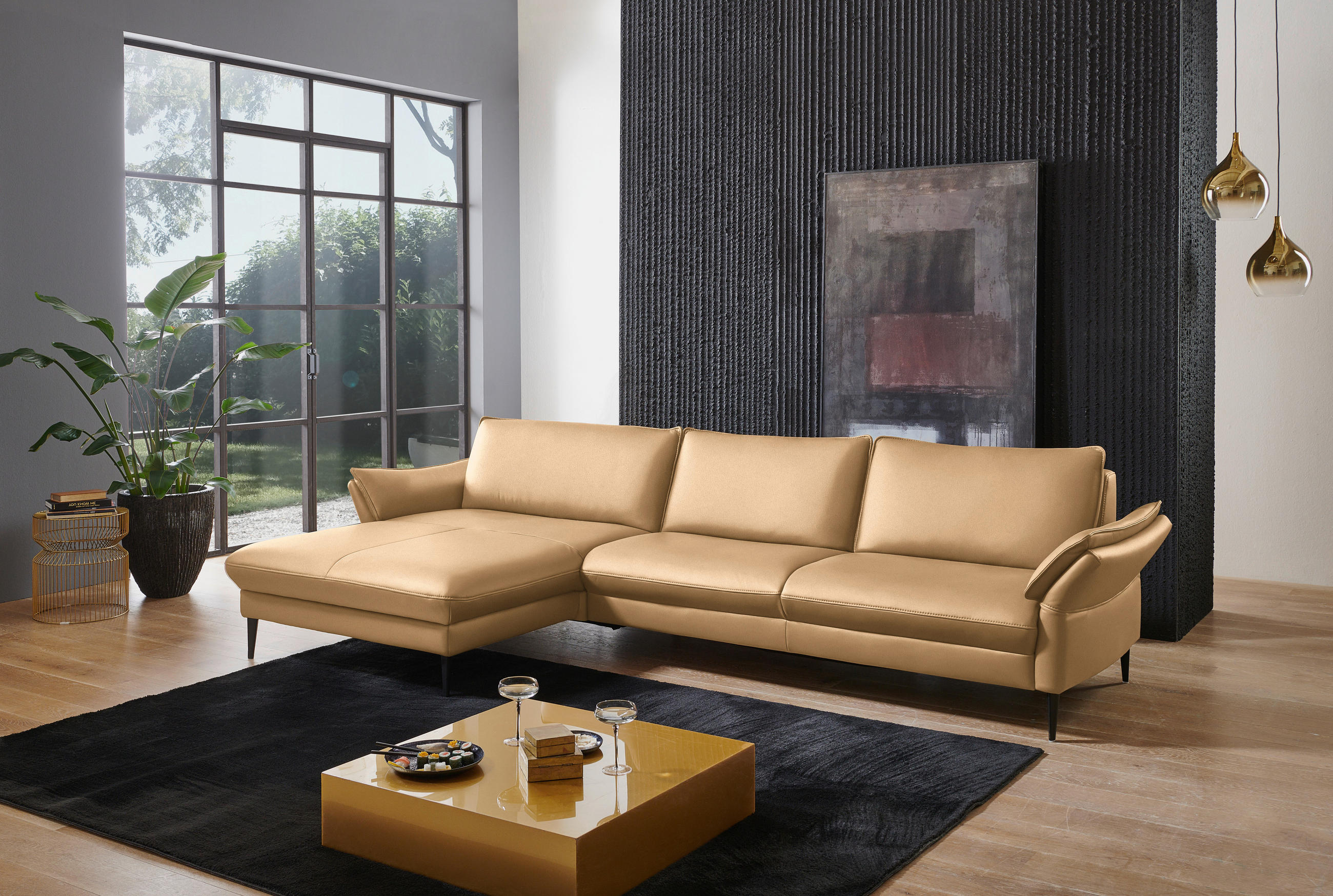 ECKSOFA in Echtleder Honig  - Schwarz/Honig, Design, Leder/Metall (172/334cm) - Valdera