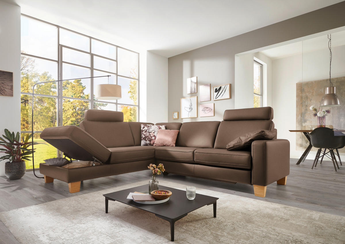 ECKSOFA in Echtleder Graubraun  - Eiche Bianco/Graubraun, Konventionell, Leder/Holz (235/257cm) - Valdera