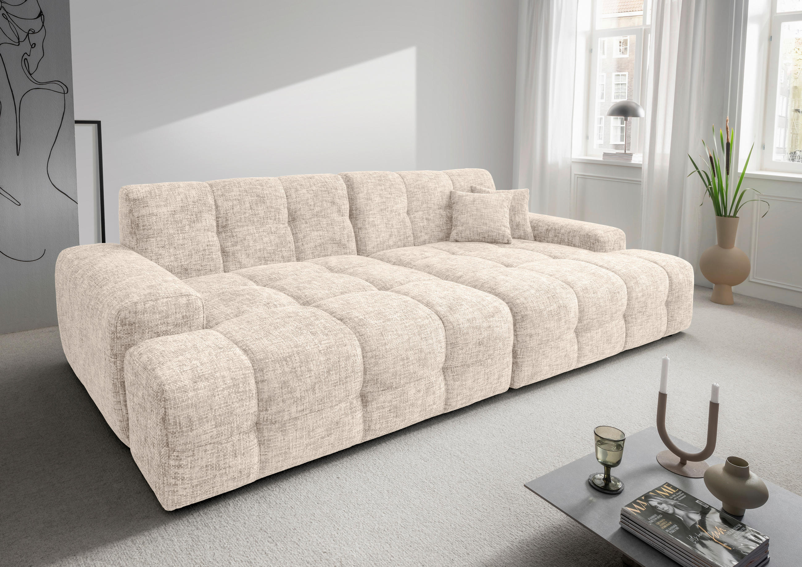 BIGSOFA in Struktur Creme  - Creme/Schwarz, MODERN, Kunststoff/Textil (304/87/155cm) - Livetastic