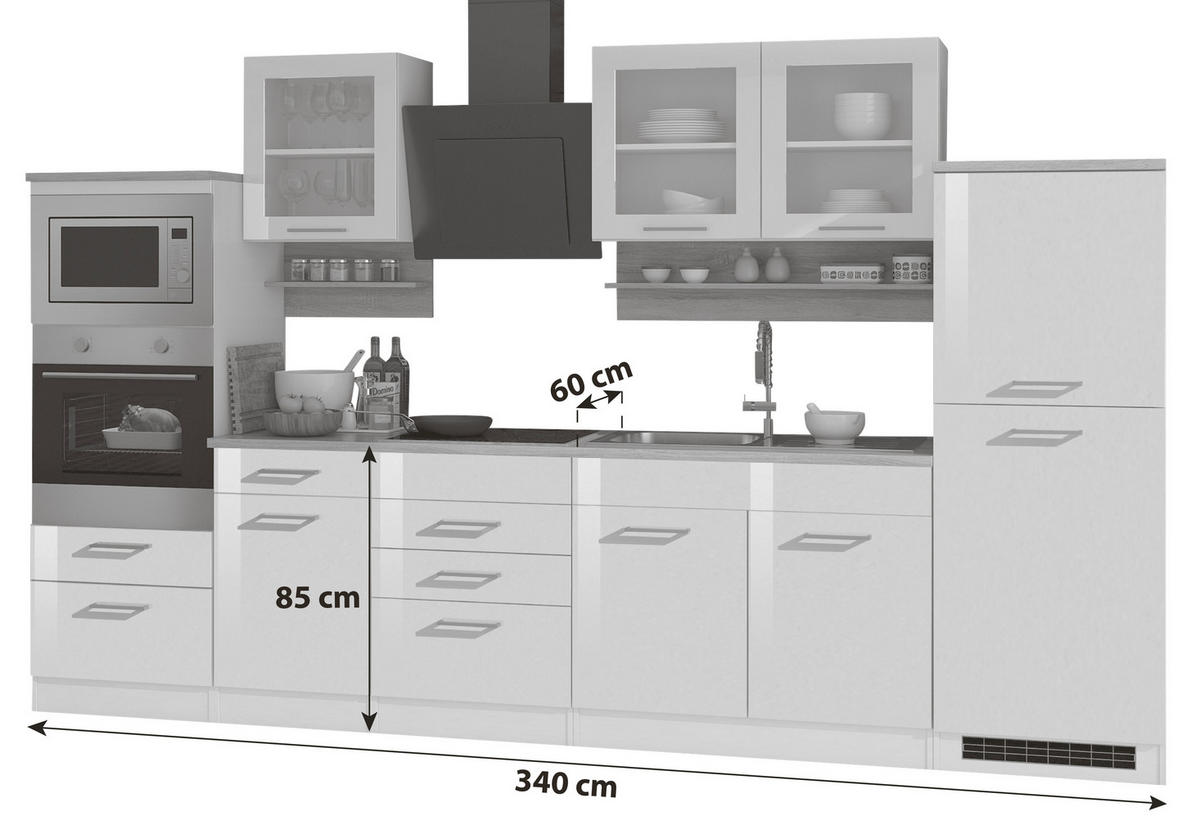 KÜCHENBLOCK 340 cm   in Anthrazit, Eichefarben, Anthrazit Hochglanz  - Chromfarben/Eichefarben, MODERN, Holzwerkstoff/Metall (340cm) - Held