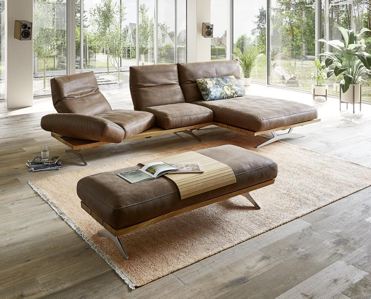 ECKSOFA in Echtleder Braun, Eichefarben  157/320 cm  - Edelstahlfarben/Eichefarben, Natur, Leder/Holzwerkstoff (157/320cm) - Ambiente