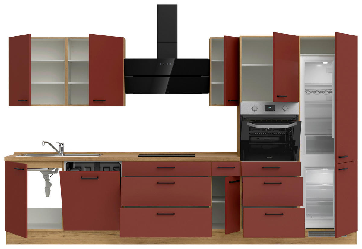 KÜCHENLEERBLOCK 360 cm   in Rot, Eichefarben  - Eichefarben/Rot, MODERN, Holzwerkstoff/Metall (360cm) - Nobilia
