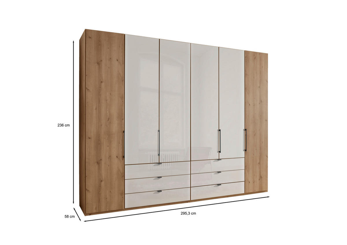 DREHTÜRENSCHRANK in Champagner, Eiche Bianco  - Schieferfarben/Eiche Bianco, Konventionell, Glas/Holzwerkstoff (300/236/58cm) - Dieter Knoll