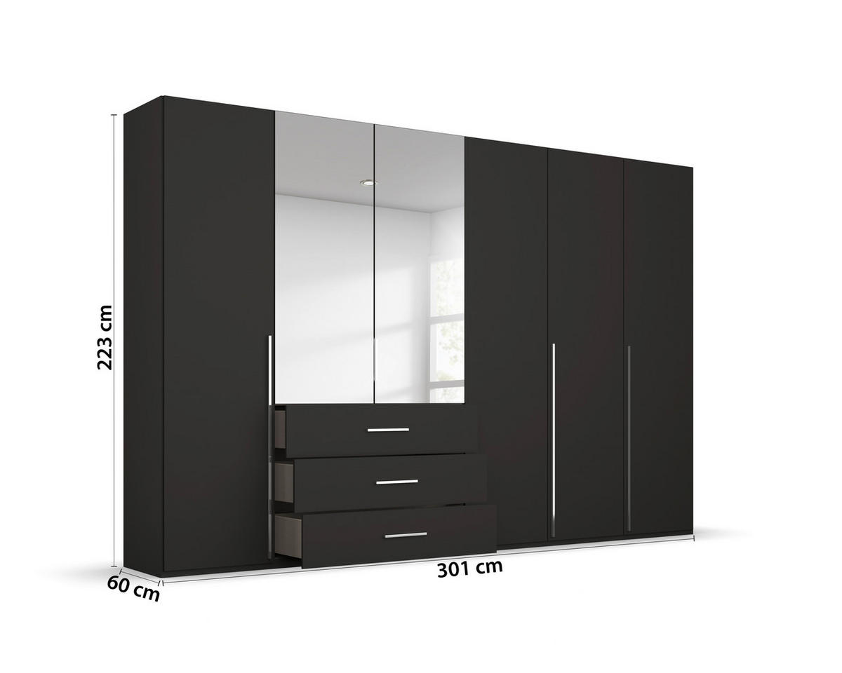 DREHTÜRENSCHRANK 301/223/60 cm,  in Schwarz, 6-türig  - Chromfarben/Schwarz, Design, Glas/Holzwerkstoff (301/223/60cm) - home24