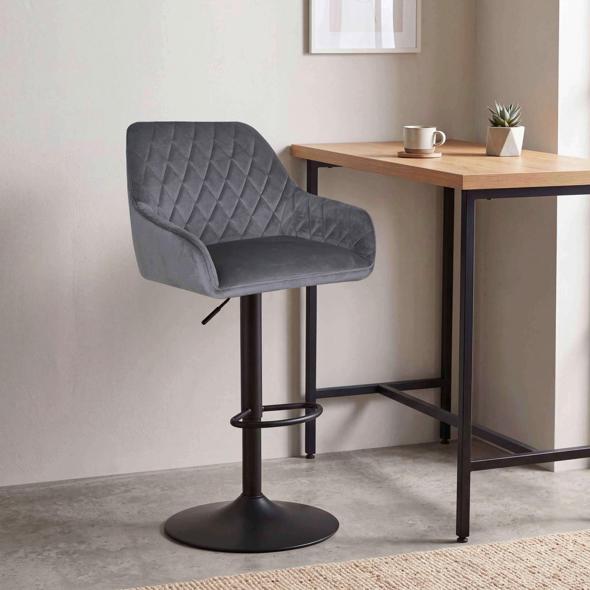 BARHOCKER Samt Grau, Schwarz Eisen  - Schwarz/Grau, Design, Textil/Metall (53/92-114/56,5cm) - Novel
