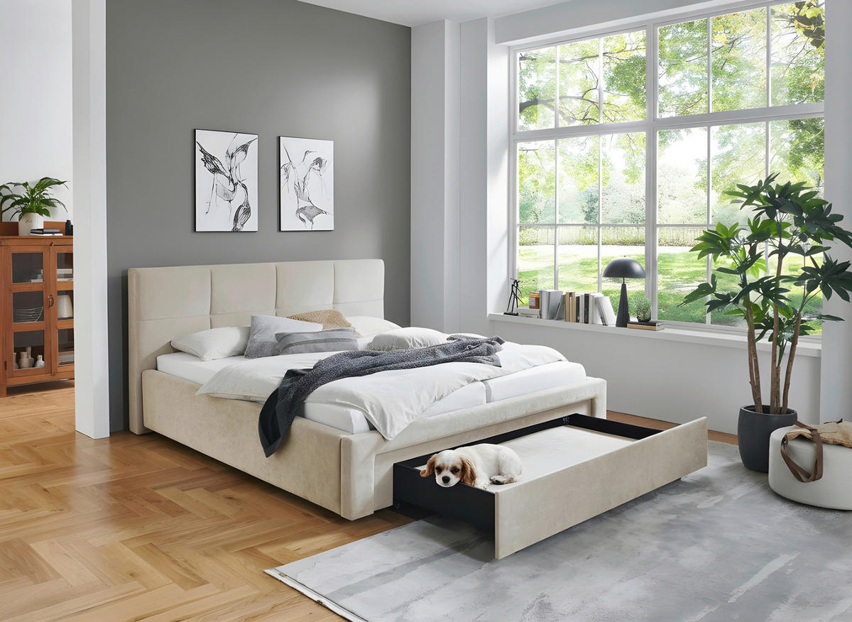 POLSTERBETT 180/200 cm,  in Beige, Bettschublade,  - Beige/Schwarz, Design, Kunststoff/Textil (180/200cm) - Stylife